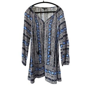 Express Blue Black Floral Tribal Print Boho Tassel Tie Mini Dress Small S/P